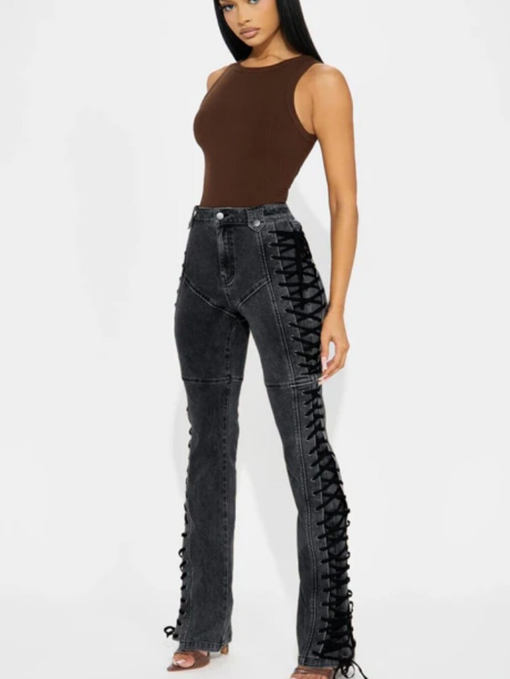 Fashion Nova Like New Grey Jeans With Black Lace Tie Down Legs Like New